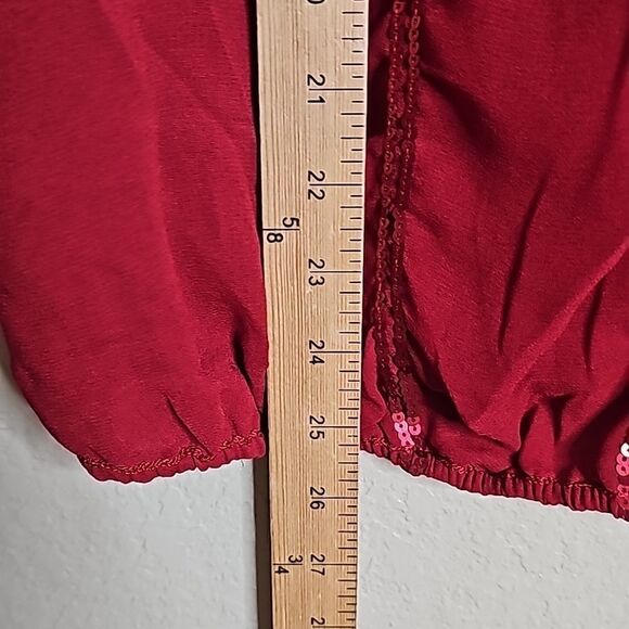 MSSP Red Sequin Blouson Flutter Sleeve top Large - Picture 7 of 8